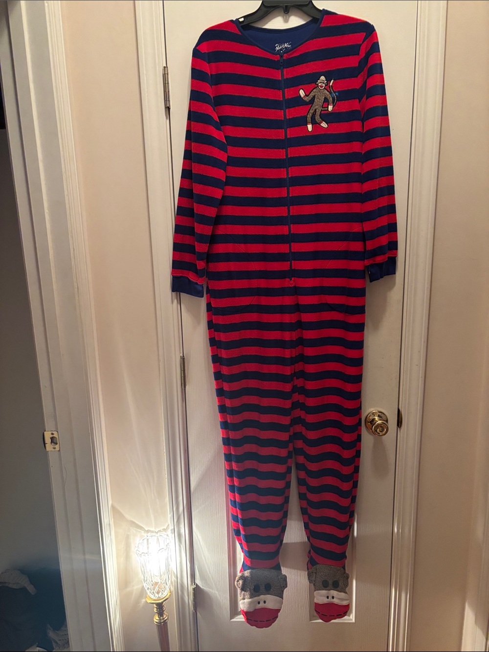 NWOT Nick & Nora Red and Navy Striped Footed Onesie with Monkey Accent